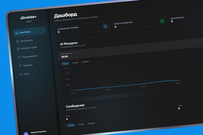 Интерфейс админ-панели ai-помощника: все в одном месте:количество токенов, истории чатов, база данных с документами и все участники